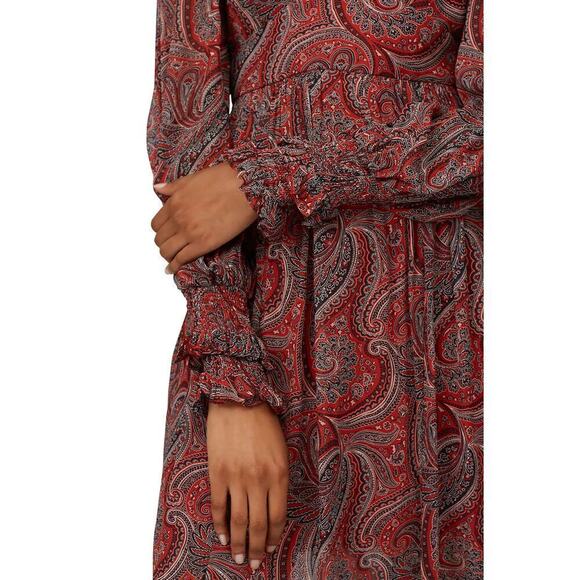 Thurley Golders Dress Paisley Boho Long Balloon Sleeve V-Neck A-Line Midi Red 4 - Picture 4 of 13
